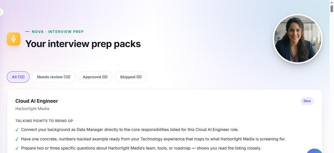 Nova — real interview prep packs with talking points